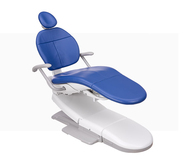 A-dec 300 dental chair with Pacific blue upholstery on top of gray rectangle