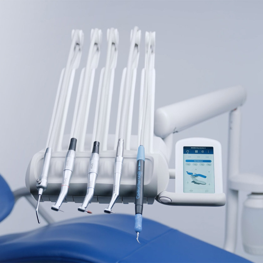 An A-dec 300 Pro delivery system with DS5 touchscreen mounted on an A-dec 300 dental chair