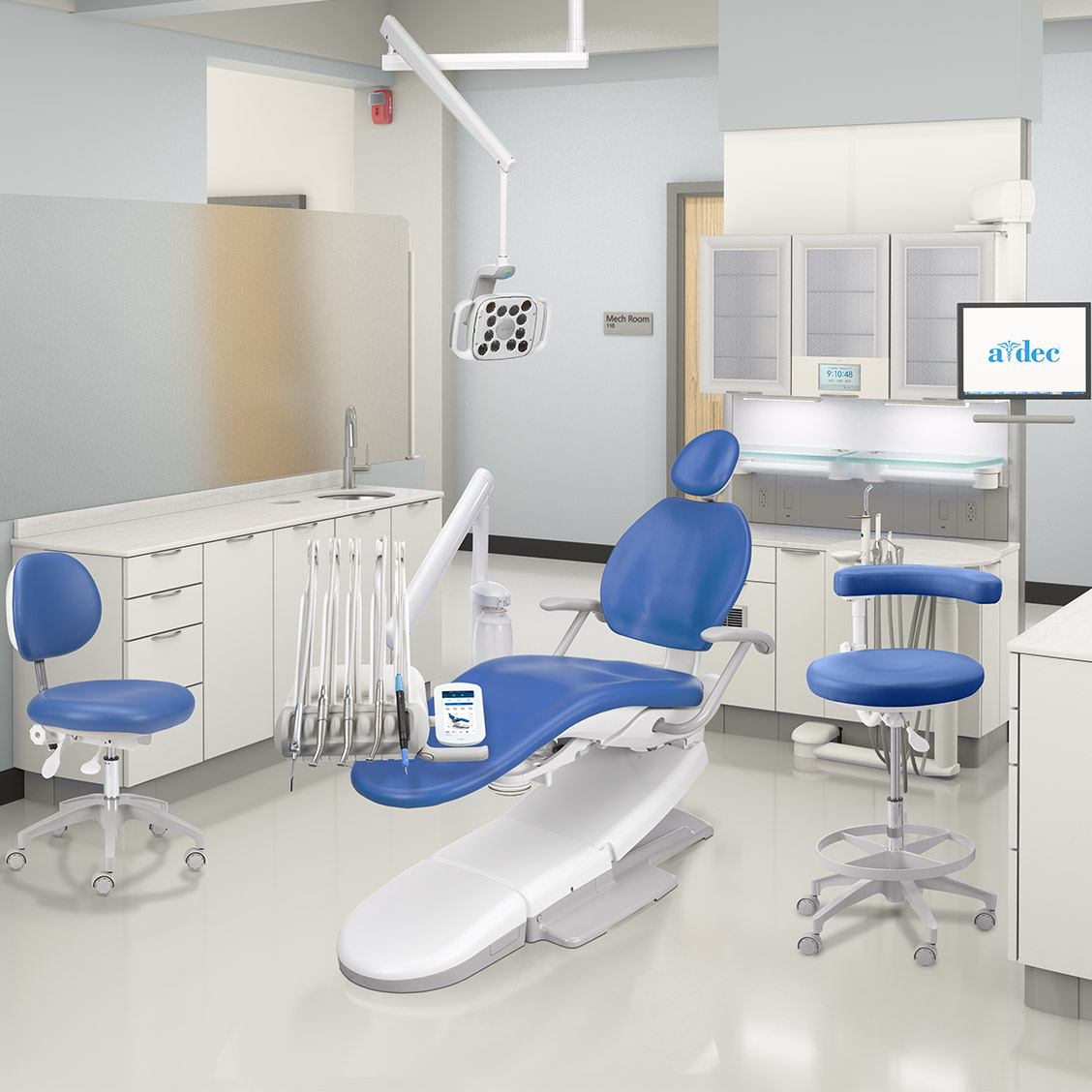 A-dec 300 Pro dental chair, delivery system, and dental light in operatory