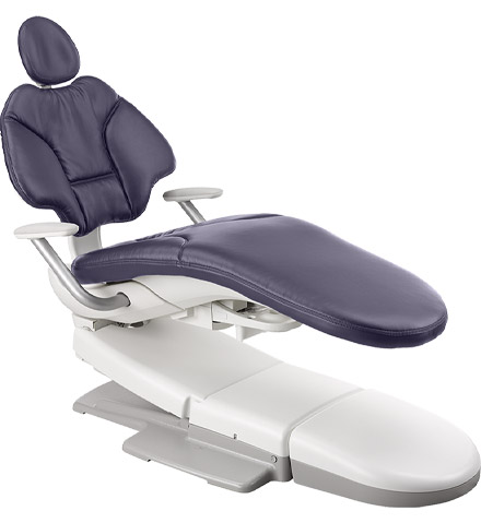A-dec 400 dental chair with Plum purple sewn upholstery on white background
