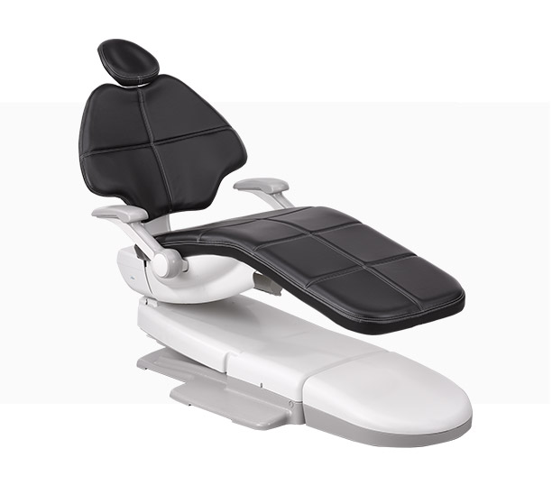 A-dec 500 dental chair with Ebony black upholstery on top of gray rectangle