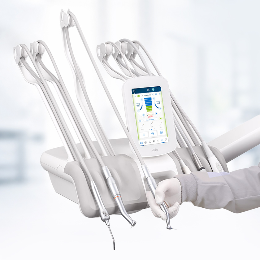 A-dec 500 Pro delivery system with DS7 touchscreen showing connected dentistry functions