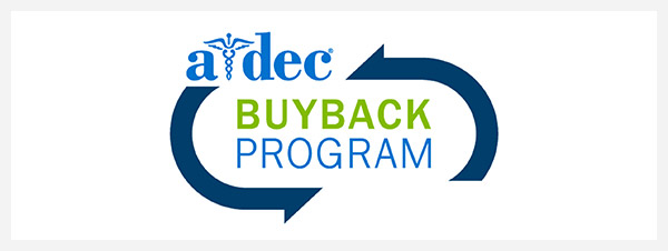 Two curved dark blue arrows containing the words A-dec Buyback Program