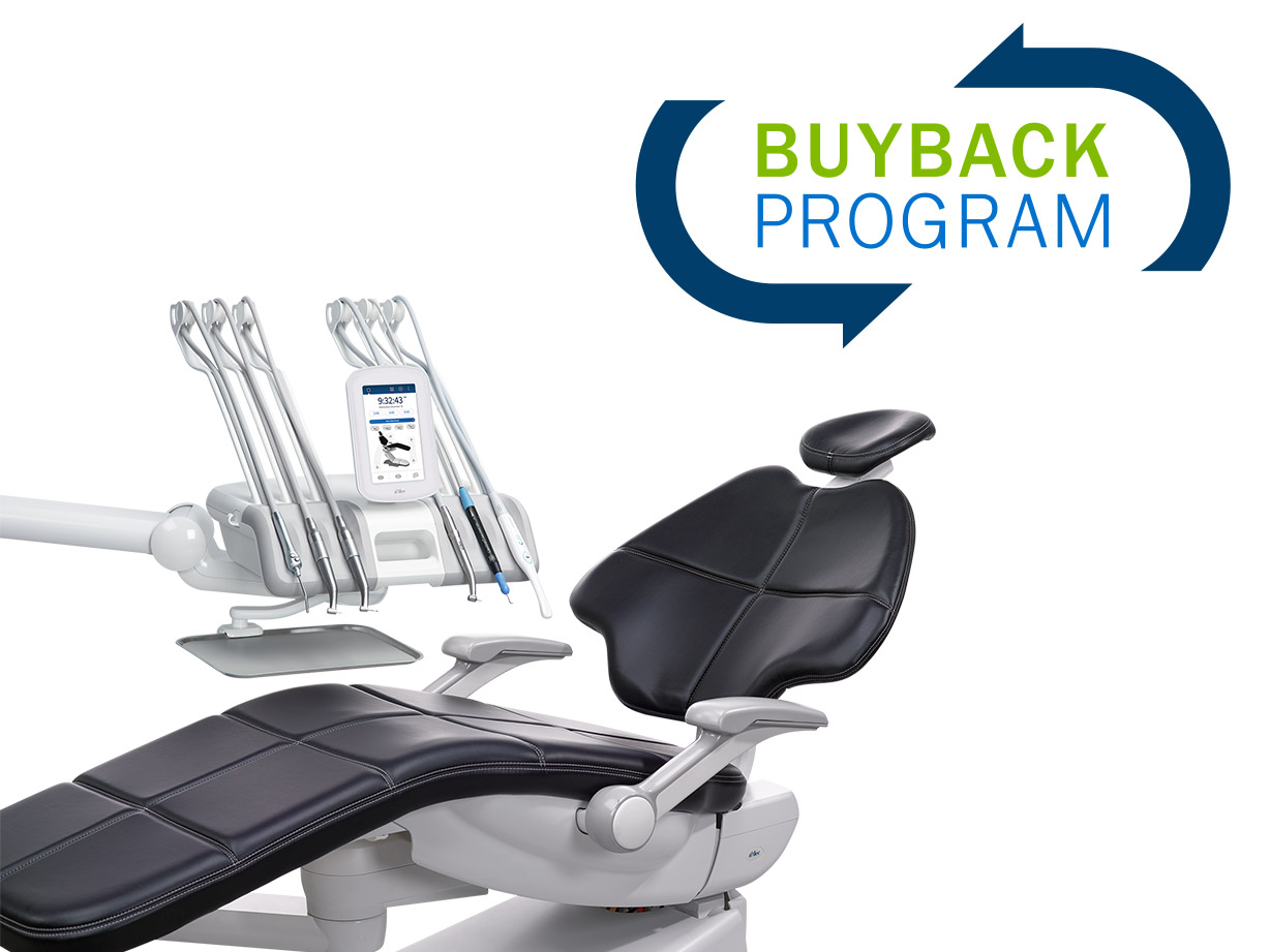 A-dec Buyback Program logo in the top right with dental chair and delivery below