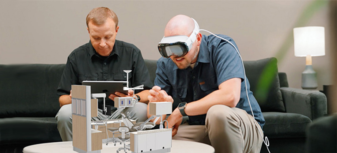 A-dec dream in 3D operatory overview with upholstery and dental cabinetry color swatch previews