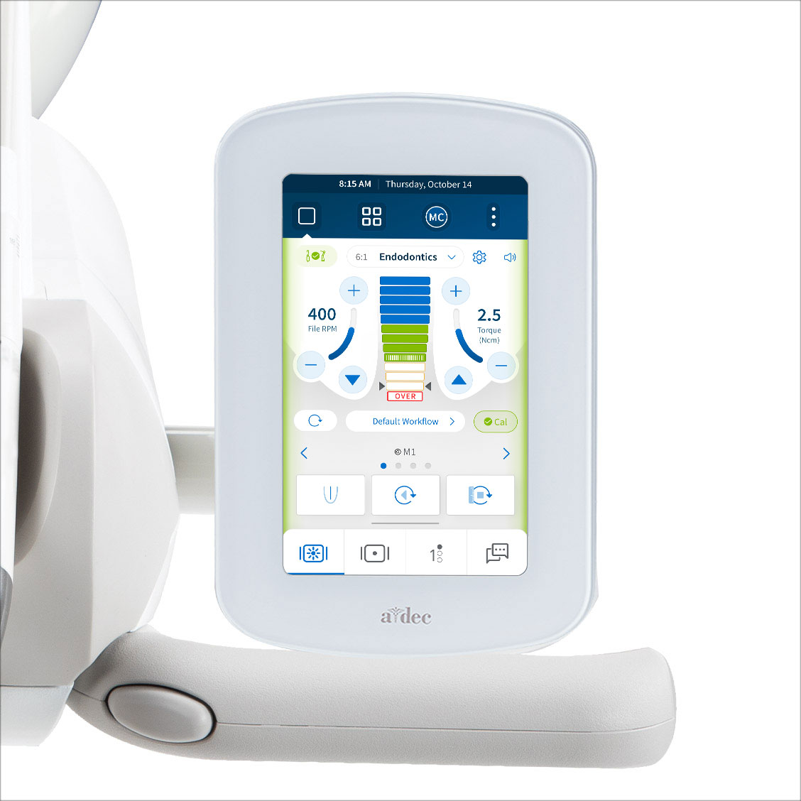 DS5 touchscreen on an A-dec 300 Pro delivery system showing a colorful advanced endodontics screen
