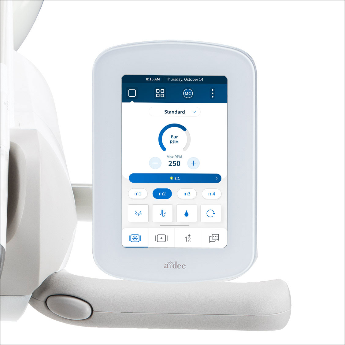 DS5 touchscreen on an A-dec 300 Pro delivery system showing restorative dentistry capabilities