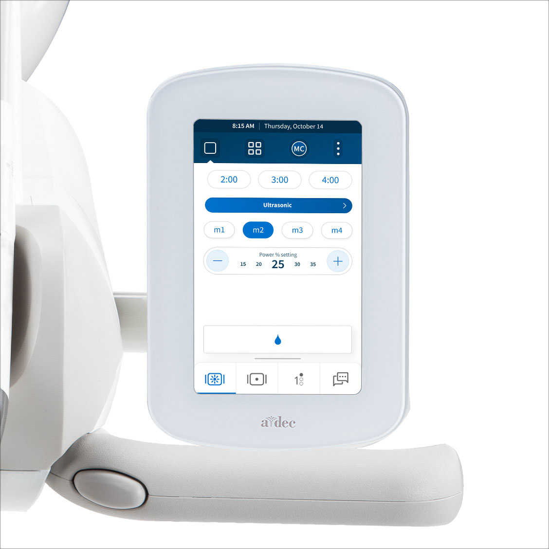 DS5 touchscreen on an A-dec 300 Pro delivery system showing a hygiene scaler user experience