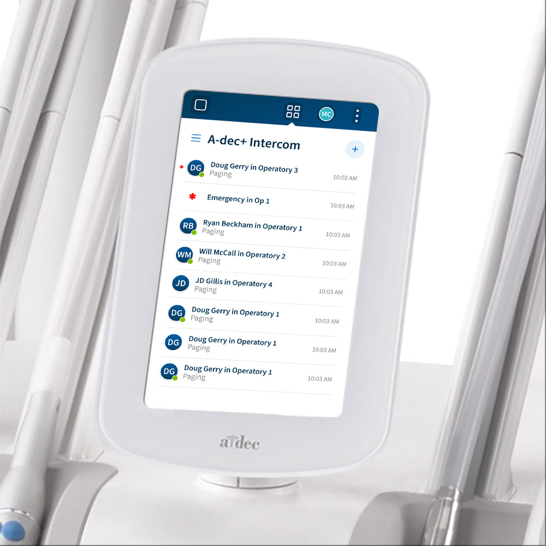 DS7 touchscreen showing the apps available for use on an A-dec 500 Pro delivery system