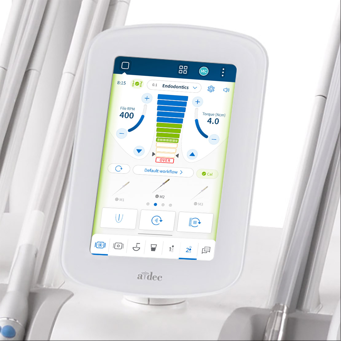 DS7 touchscreen on an A-dec 500 Pro delivery system showing a colorful advanced endodontics screen