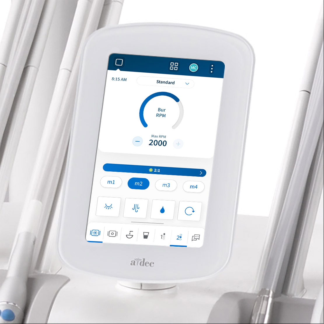 DS7 touchscreen on an A-dec 500 Pro delivery system showing restorative dentistry capabilities