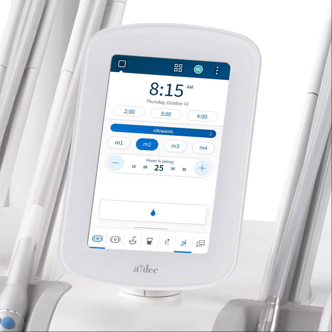 DS7 touchscreen on an A-dec 500 Pro delivery system showing a hygiene scaler user experience