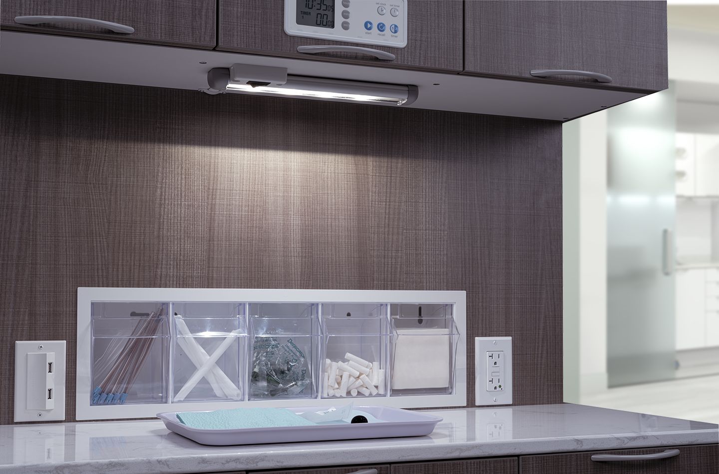 A-dec Inspire 391 hygiene console tip-out storage bins