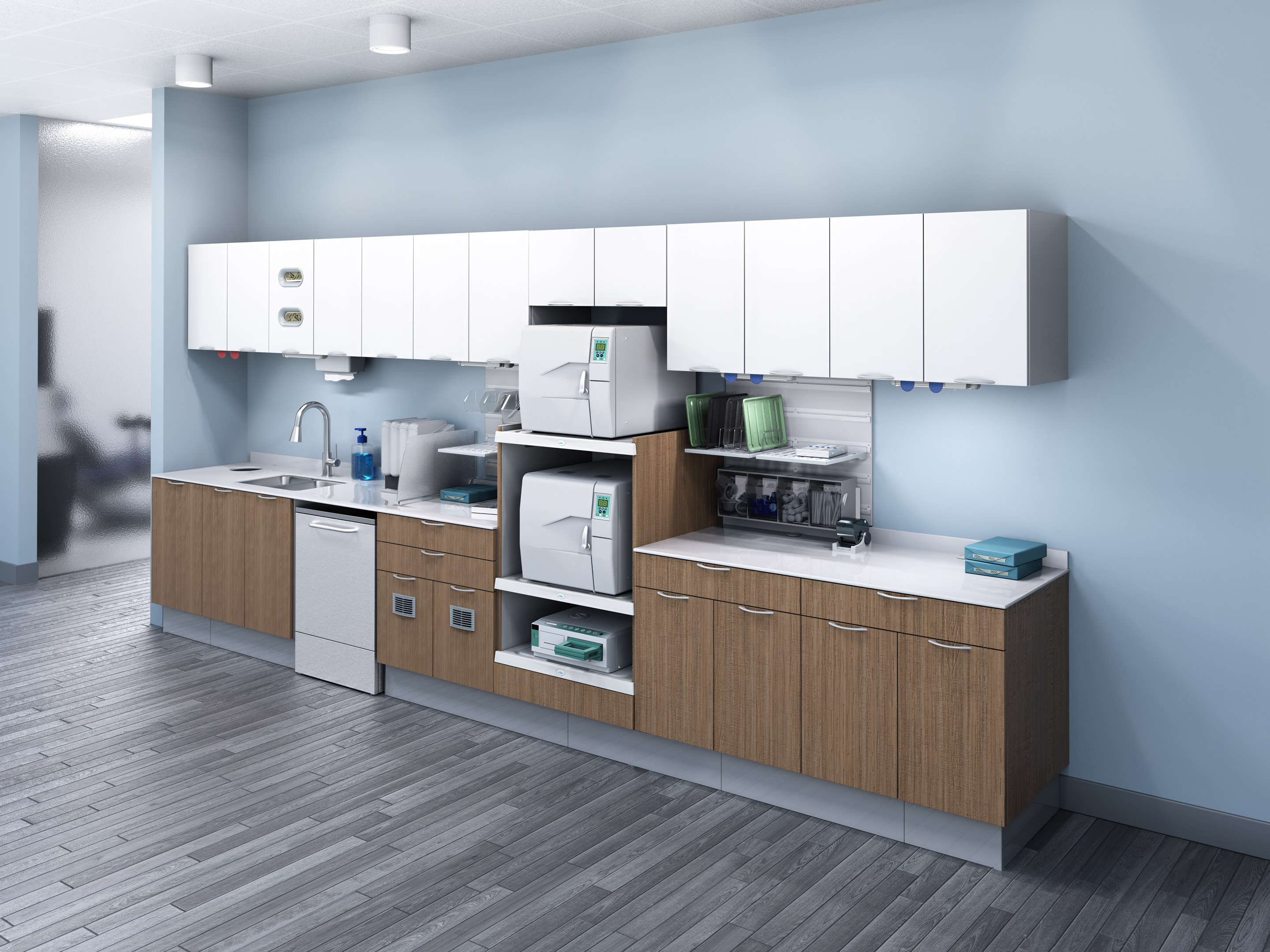 A-dec Inspire 394 sterilization center with dark flooring and a blue wall