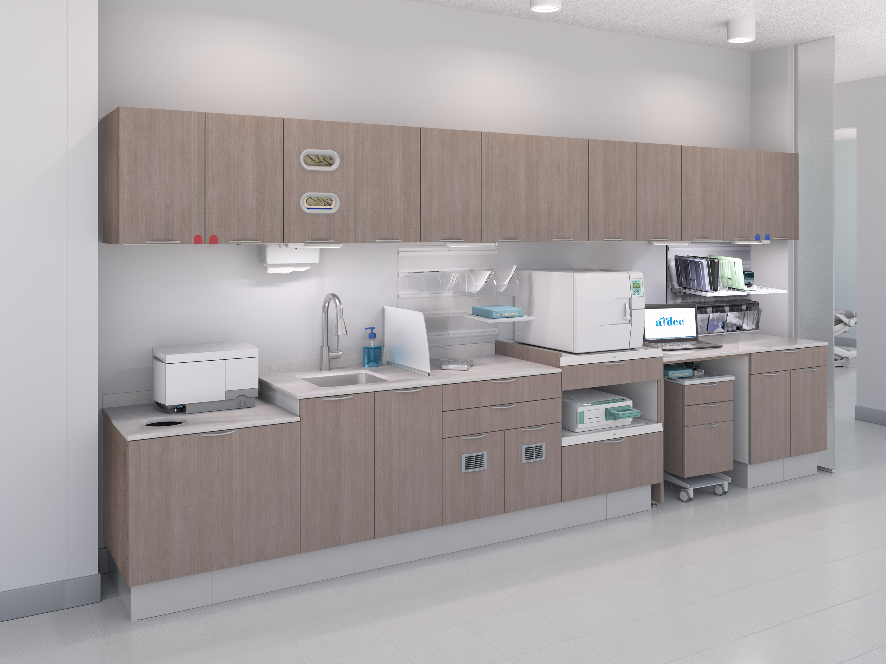 A-dec Inspire 394 sterilization center with dental sterilization equipment on white walls
