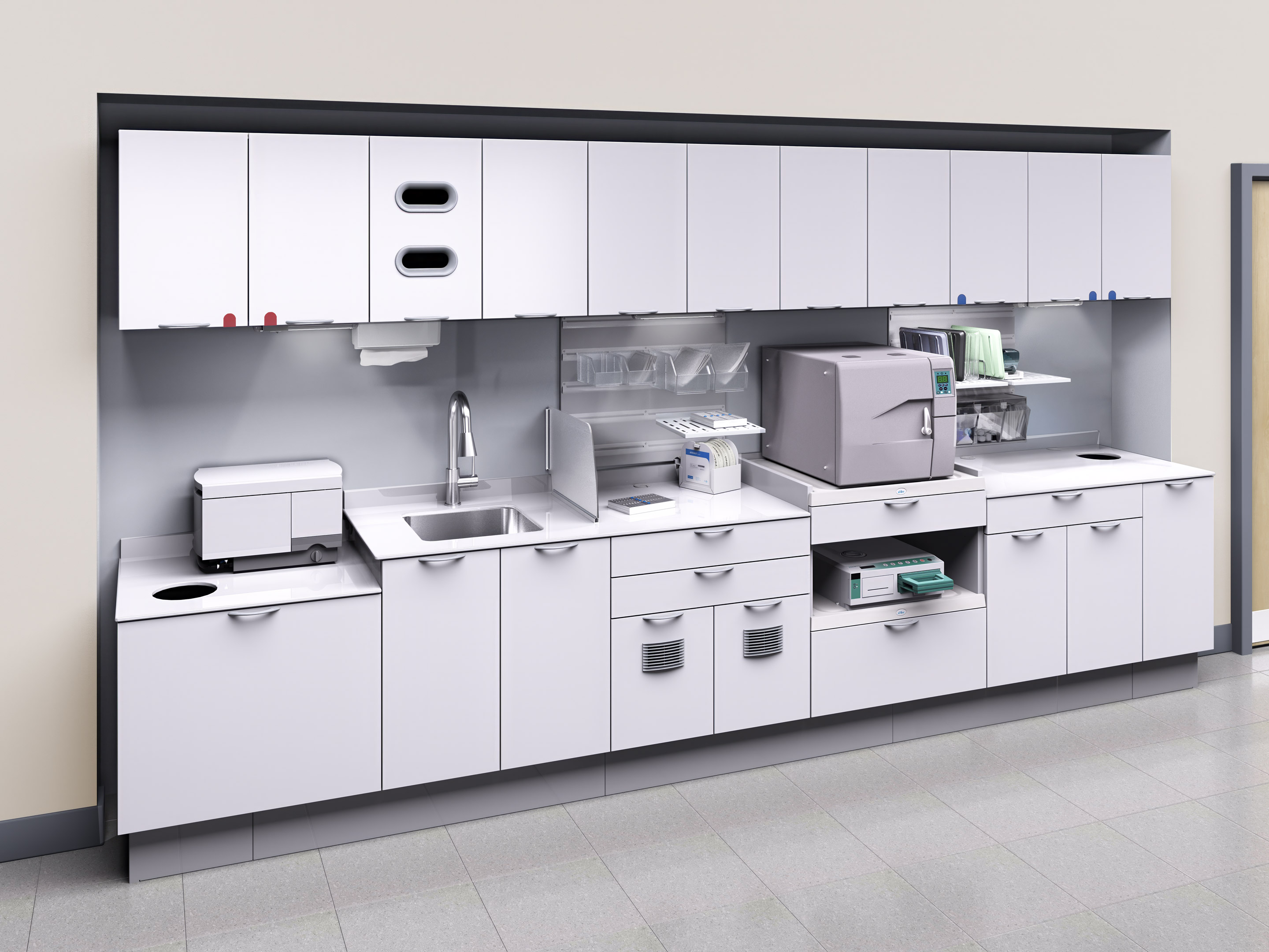 A-dec Inspire 394 sterilization center with dental sterilization equipment recessed into an alcove in a light tan wall