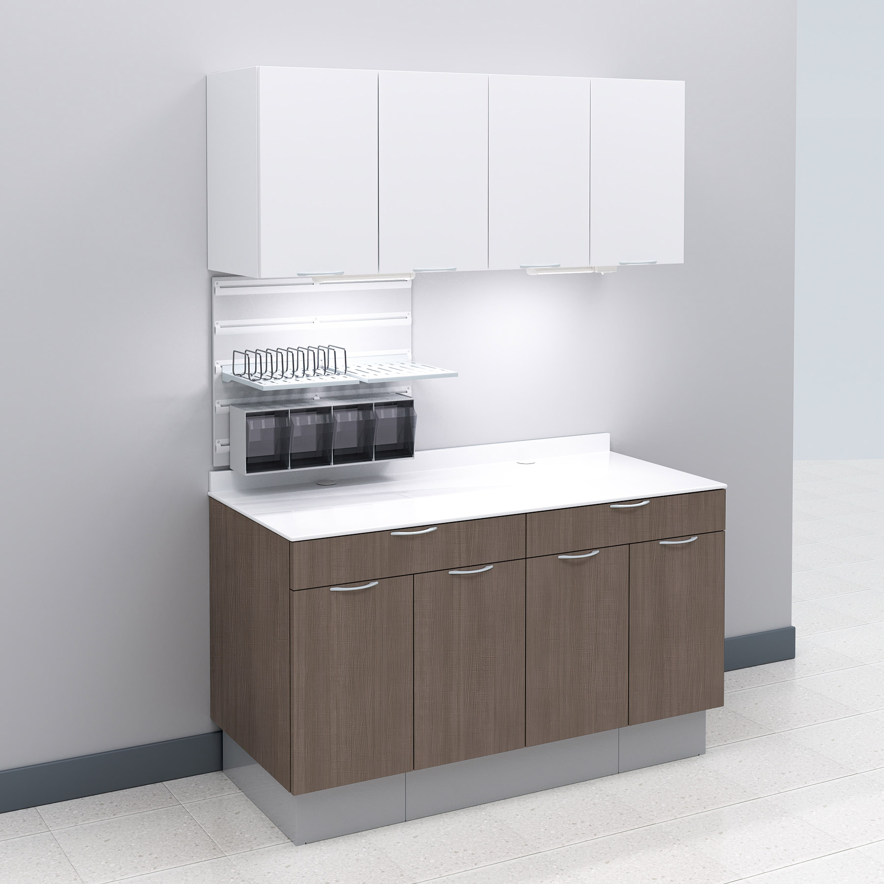 A-dec Inspire 394 sterilization center configured with a shorter width and white and brown cabinetry