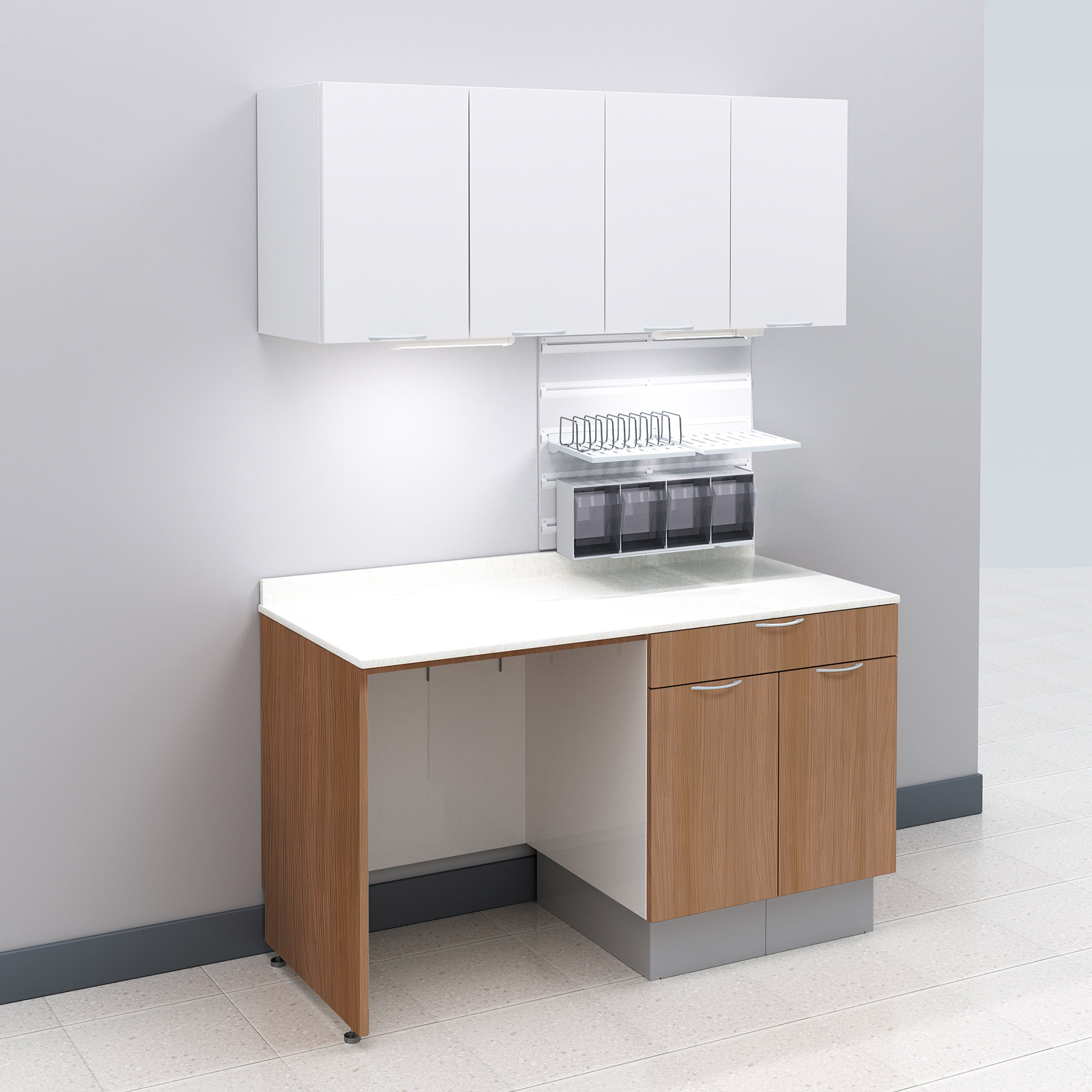 A-dec Inspire 394 sterilization center with white upper cabinets and brown lower cabinets