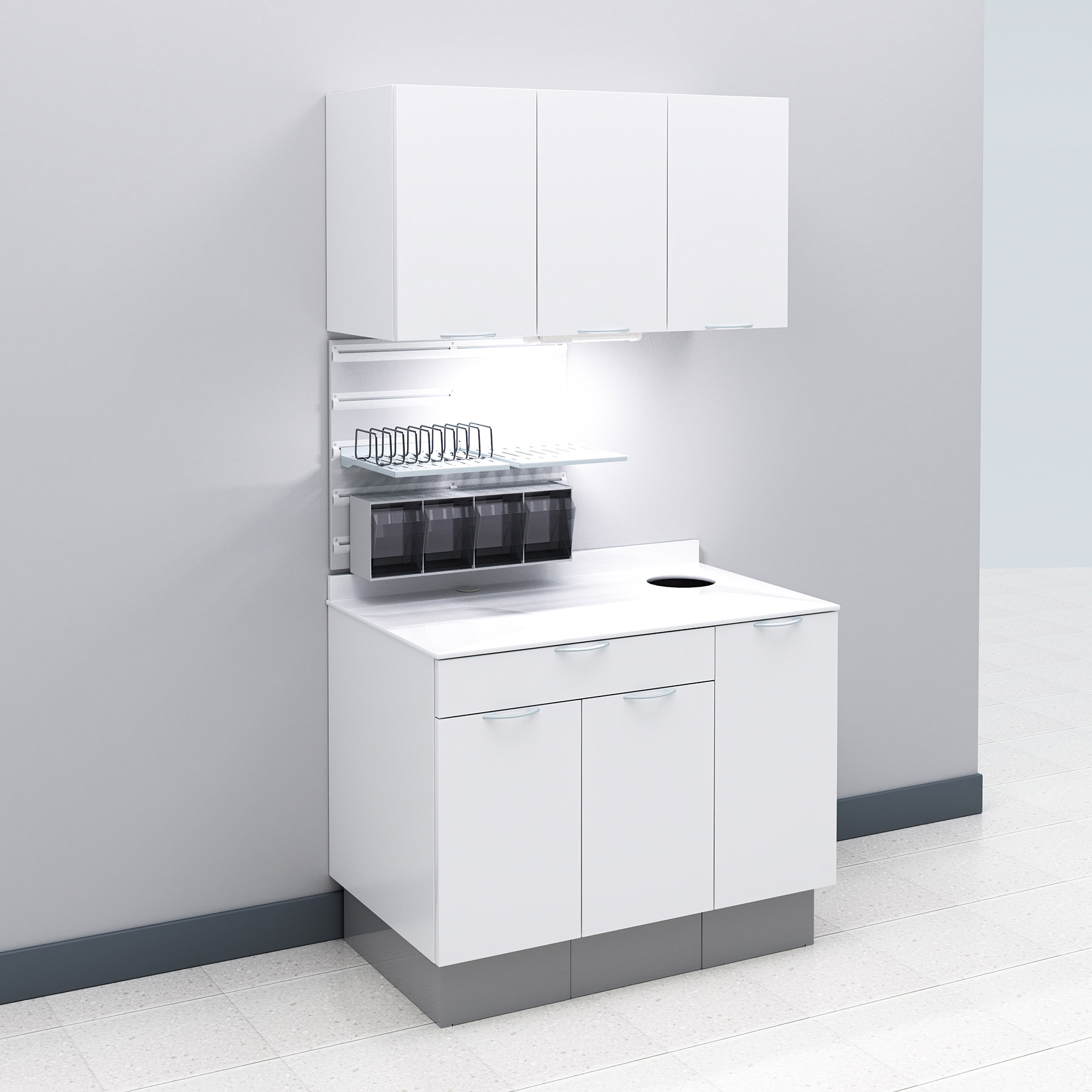 A-dec Inspire 394 sterilization center in narrow, all-white configuration