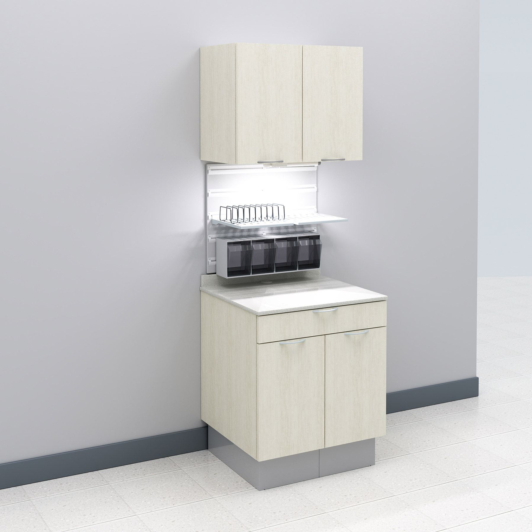 A-dec Inspire 394 sterilization center in narrow configuration with tan wood