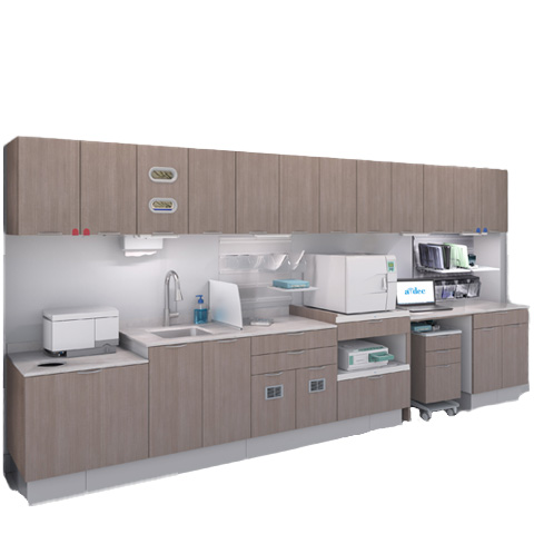 A-dec Inspire 394 sterilization center with dental sterilization equipment on white walls.