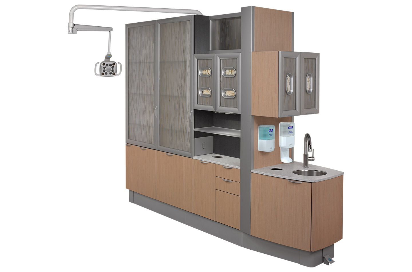 A-dec Inspire 592 central console angled view with light wood and dental light