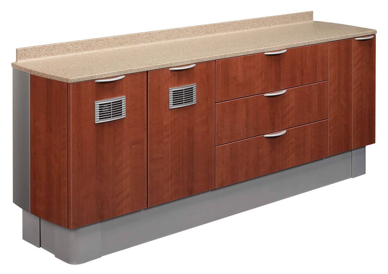 Angled view of A-dec Inspire 593 lower side console in Amber Cherry