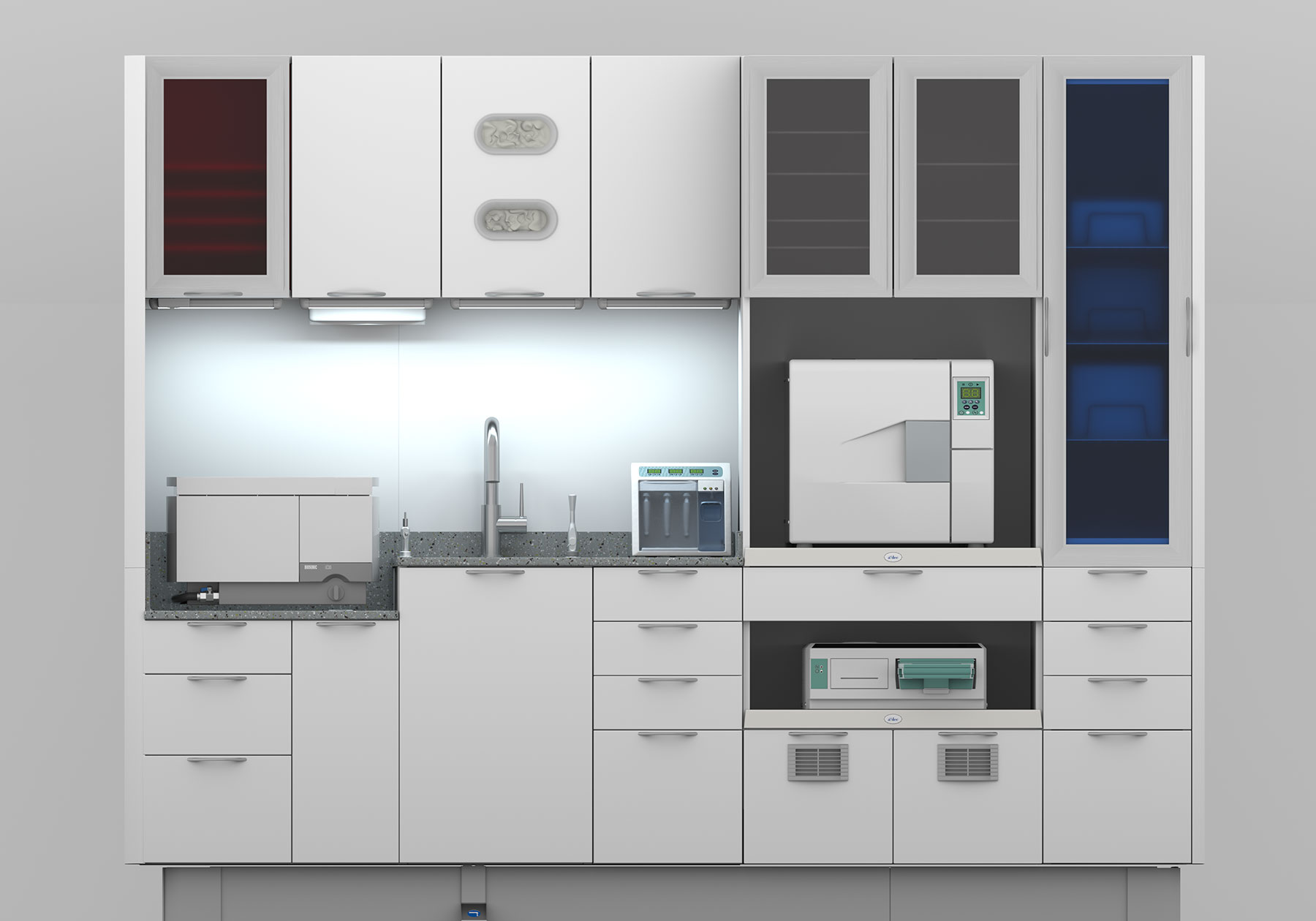 Front view of A-dec Inspire 594 sterilization center in white with red and blue glass