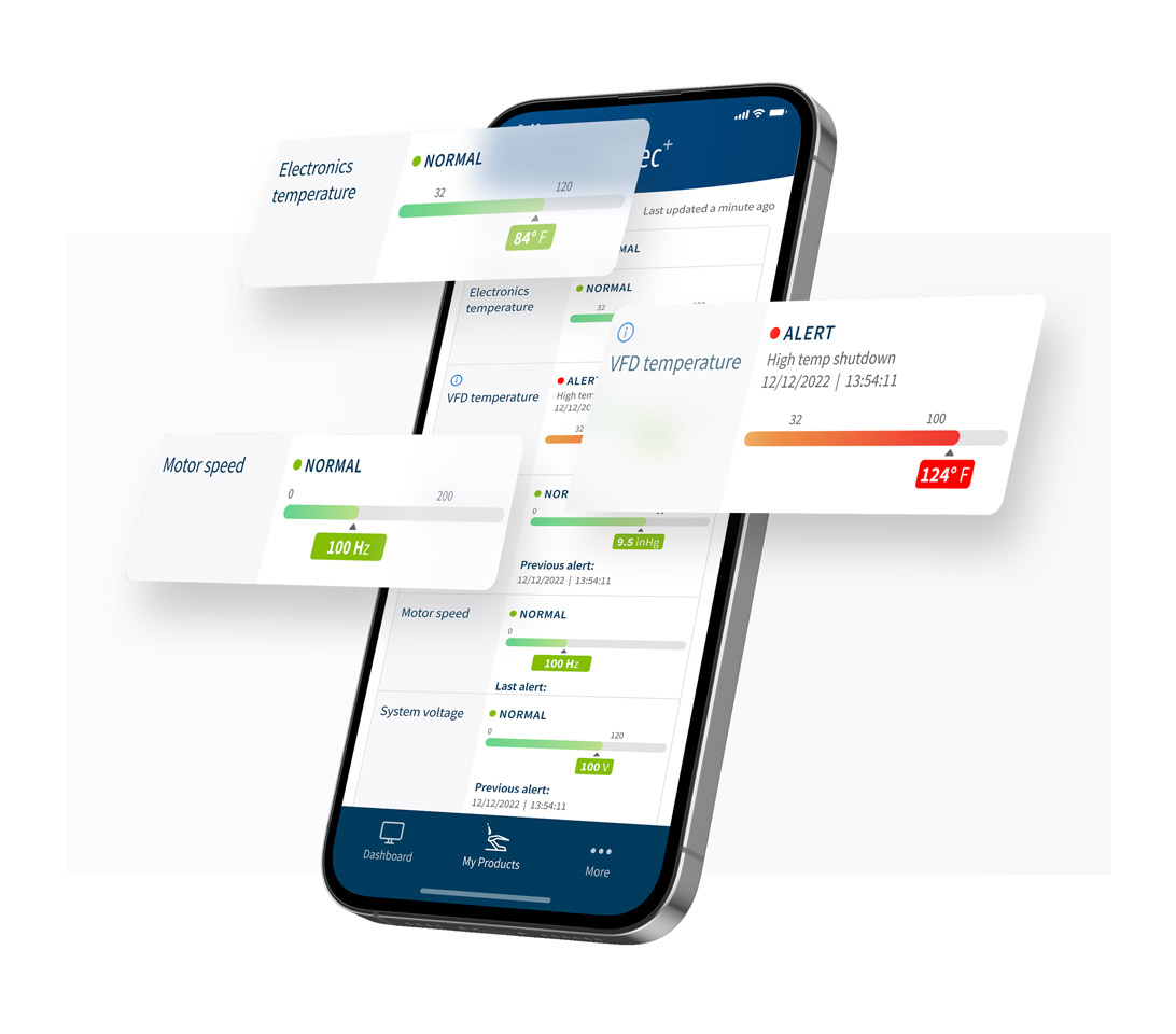 Phone with three pop-up windows displaying statuses and alerts for A-dec+ dental equipment monitoring