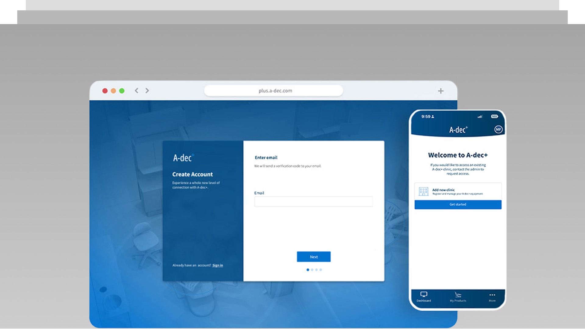 Stacked cards showing the A-dec+ desktop and mobile screens for a support video playlist