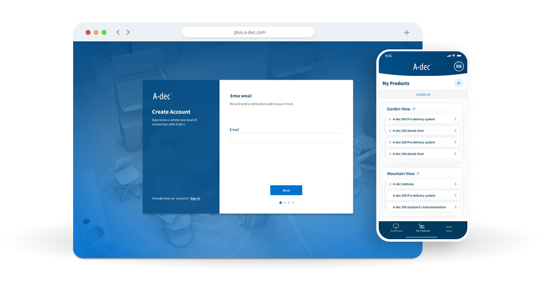 A-dec+ app on mobile and web browser
