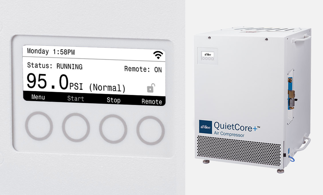 QuietCore+ compressor control pad showing on-demand air pressure performance