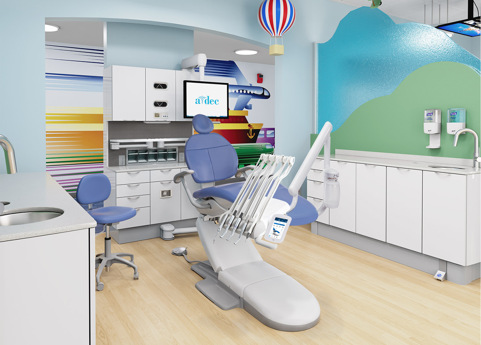 A-dec 333 delivery system mounted on an A-dec 311 dental chair in a pediatric dental clinic