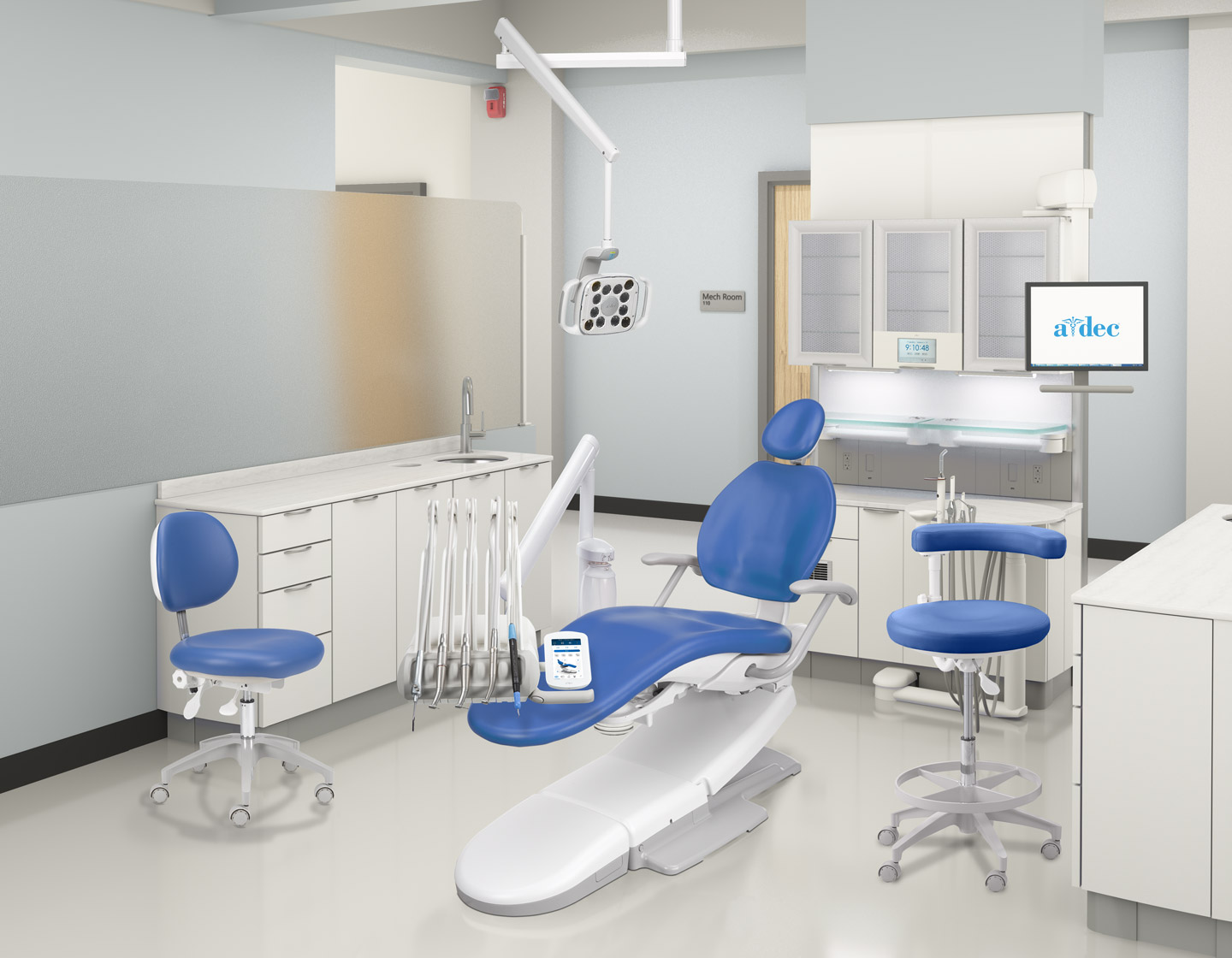 A-dec 332 delivery system mounted on an A-dec 311 dental chair in an urban dental clinic