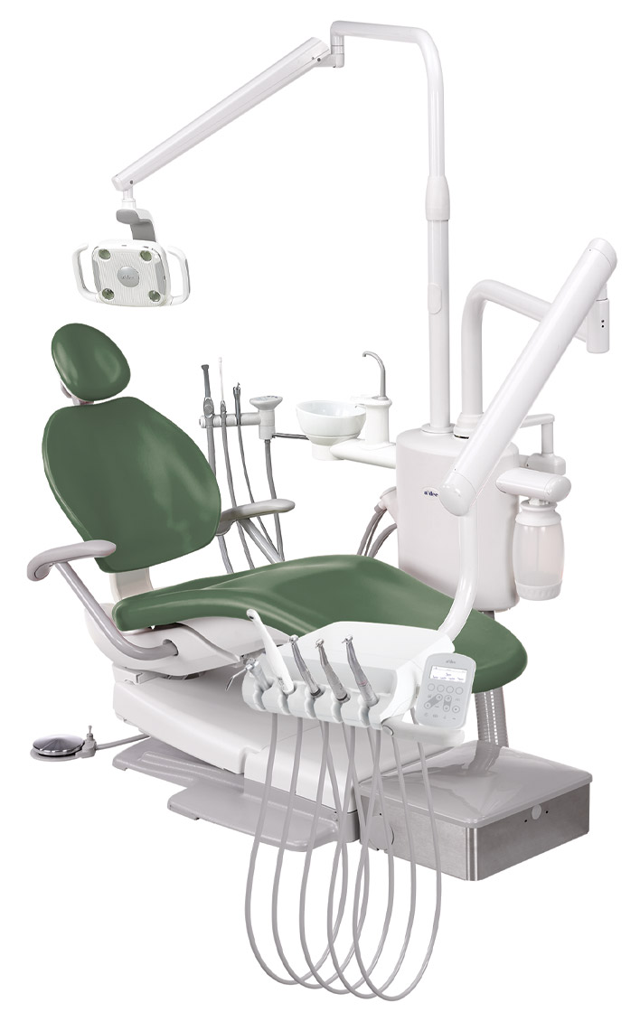 A-dec 334 support center traditional delivery system mounted on an A-dec 300 dental chair