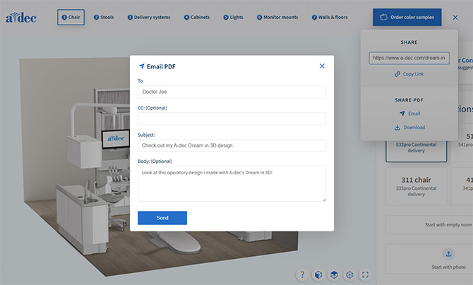 Screen capture showing how to save, share, or download your operatory scene.