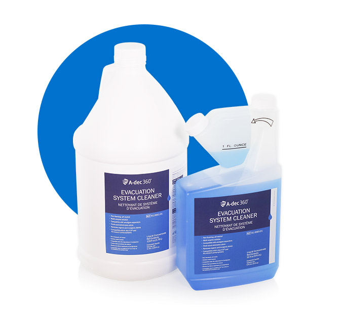 A-dec Evacuation System Cleaner bottles in front of a blue circle