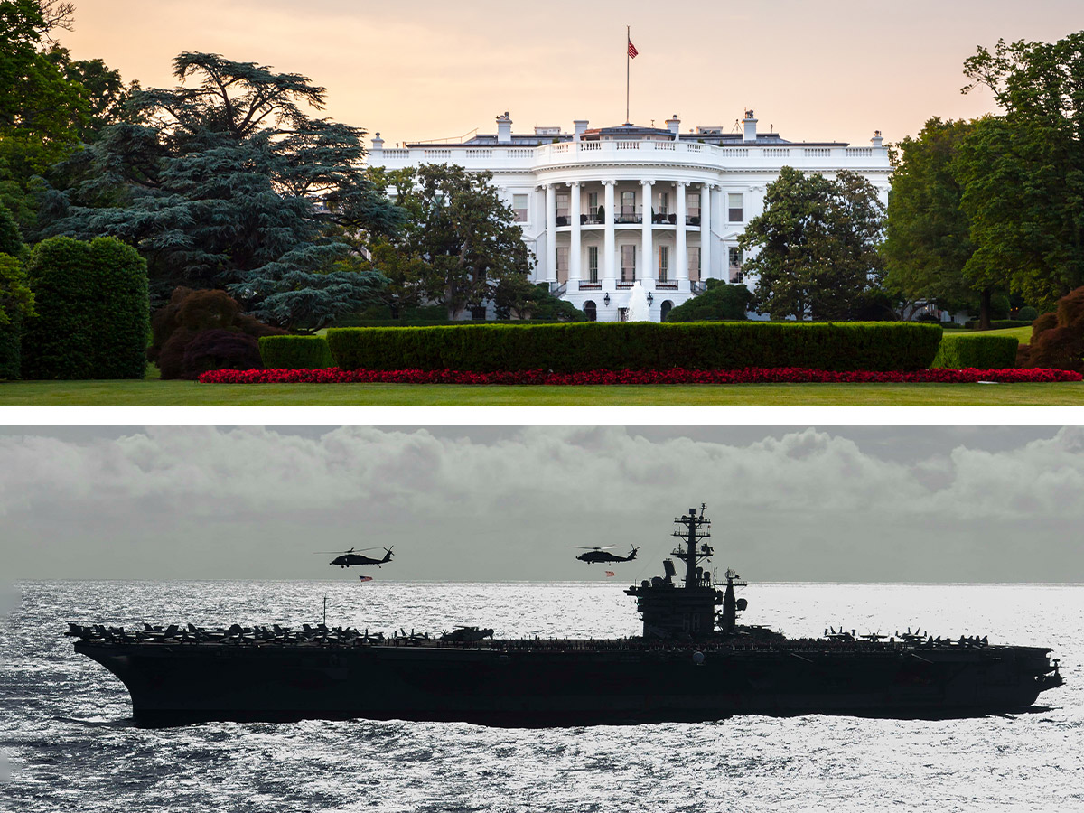 An image of the White House positioned above an image of an aircraft carrier