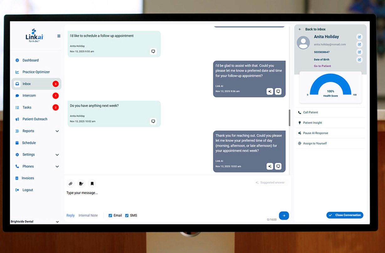 Image of Link AI's centralized inbox for patient conversations