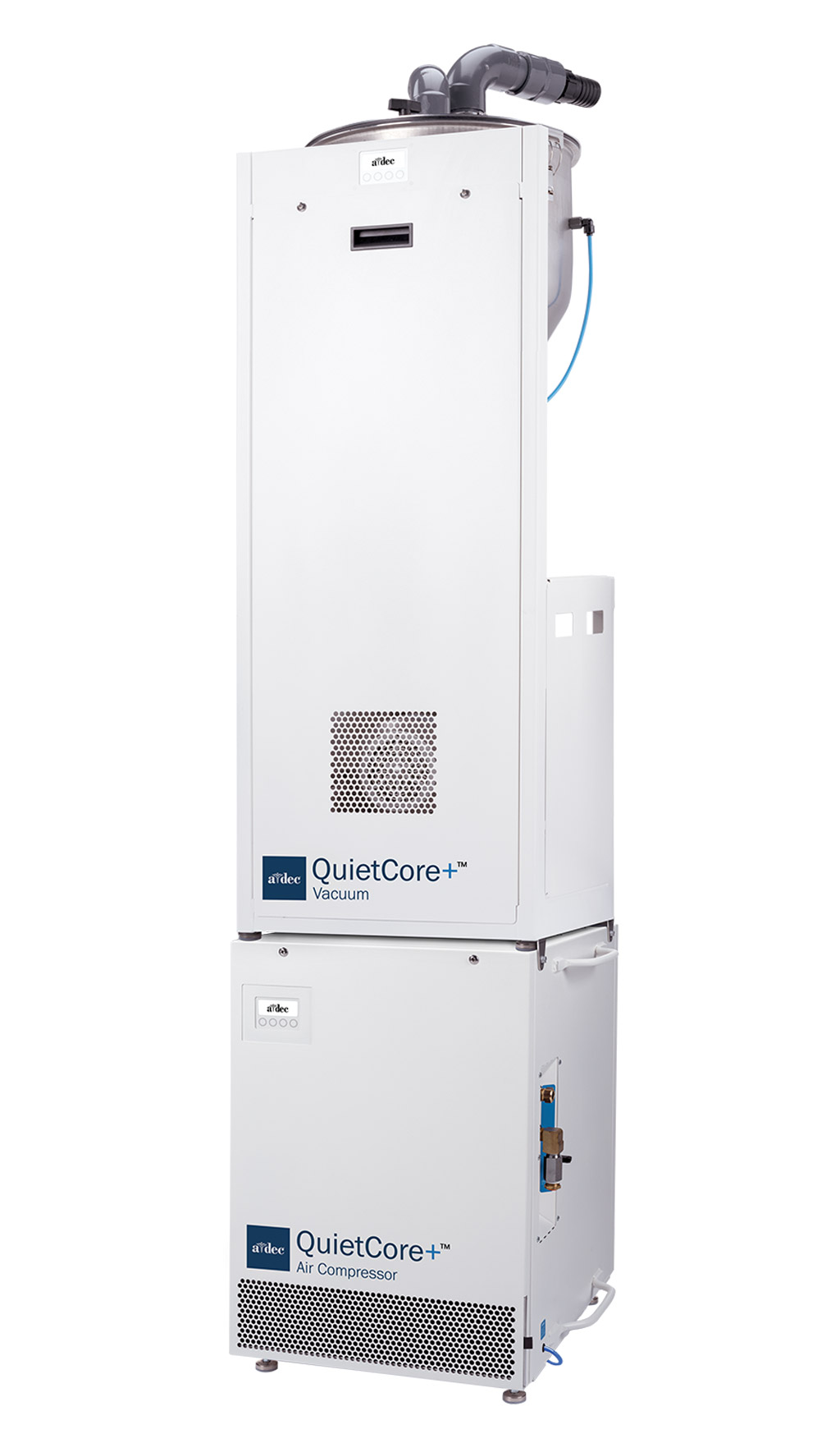 A-dec QuietCore+ dental dry vacuum stacked on top of an A-dec air compressor