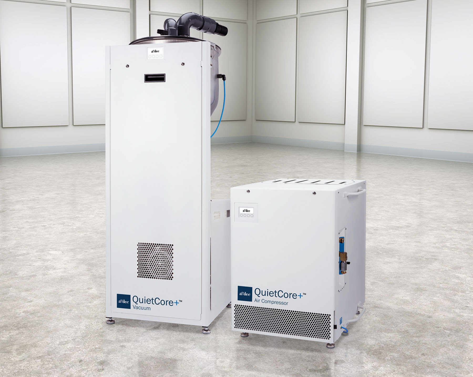 QuietCore+ dental dry vacuum and air compressor in a large room