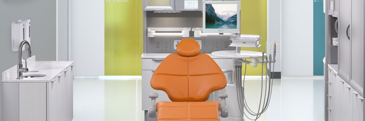A-dec dental chair with campfire upholstery in dental operatory
