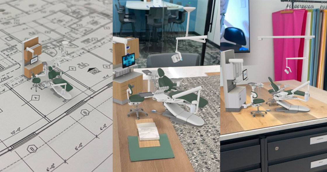 Dream in 3D AR asset rendered on a physical blueprint and office surfaces
