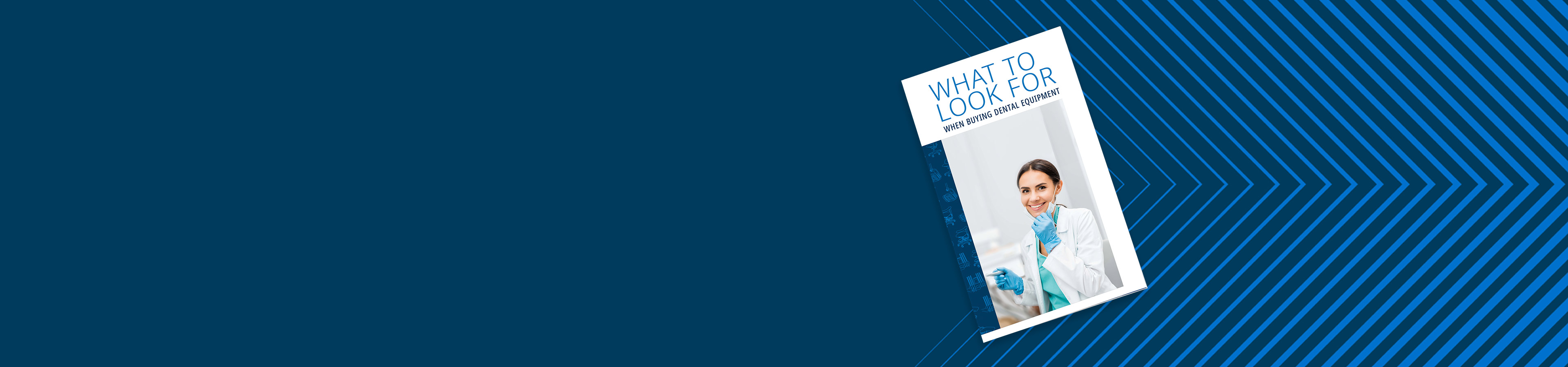 Buyer guide booklet on a dark blue background with light blue chevron designs