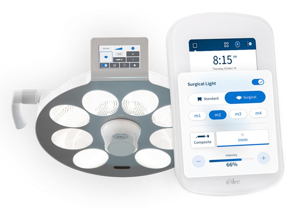 Image of the A-dec DS7 display screen showing surgical light controls