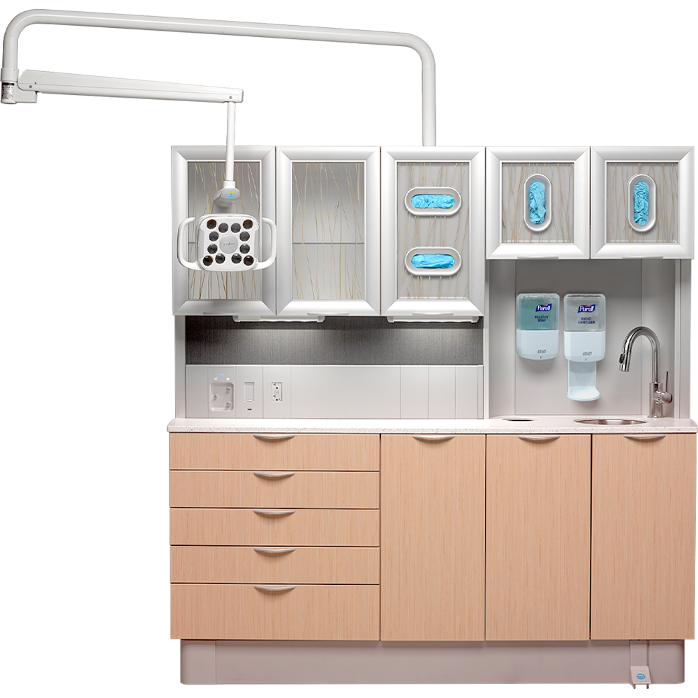 Front view of A-dec Inspire 593 full side console with light wood