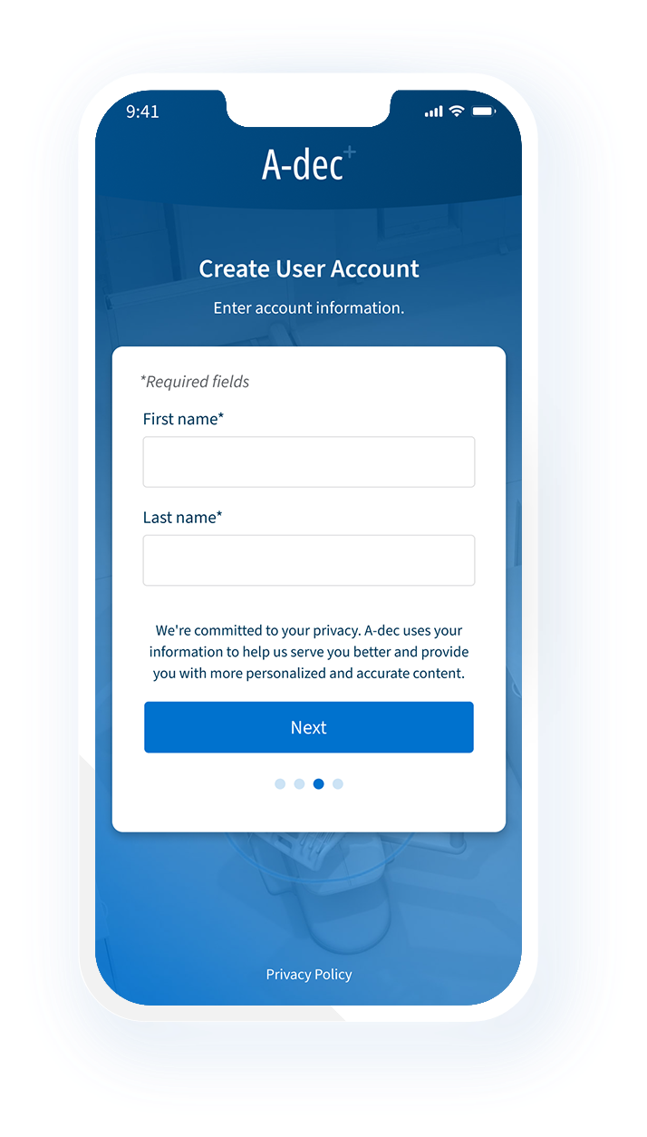 Create your account on the on the A-dec+ mobile app