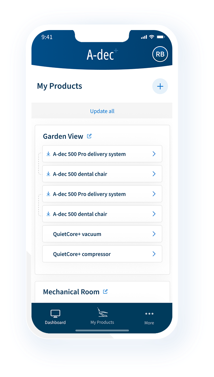 Manage your products on the A-dec+ mobile app