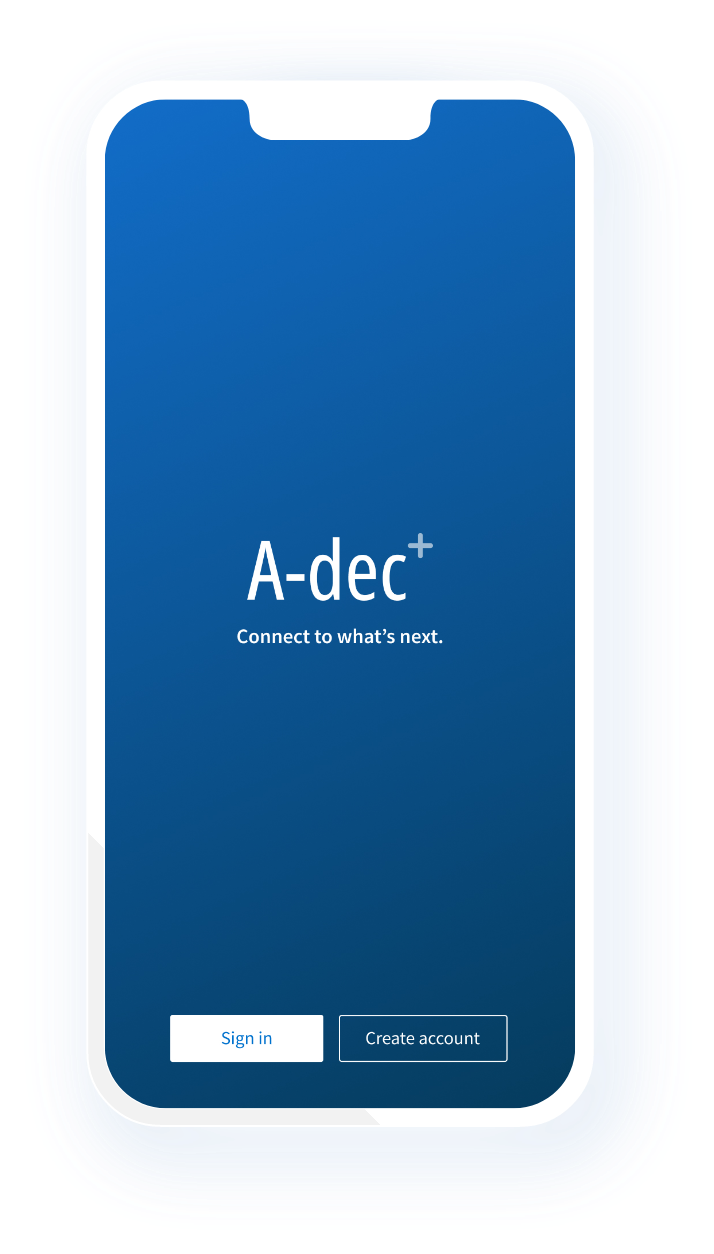 Mobile phone showing the A-dec+ app home screen with an A-dec+ logo on a blue background