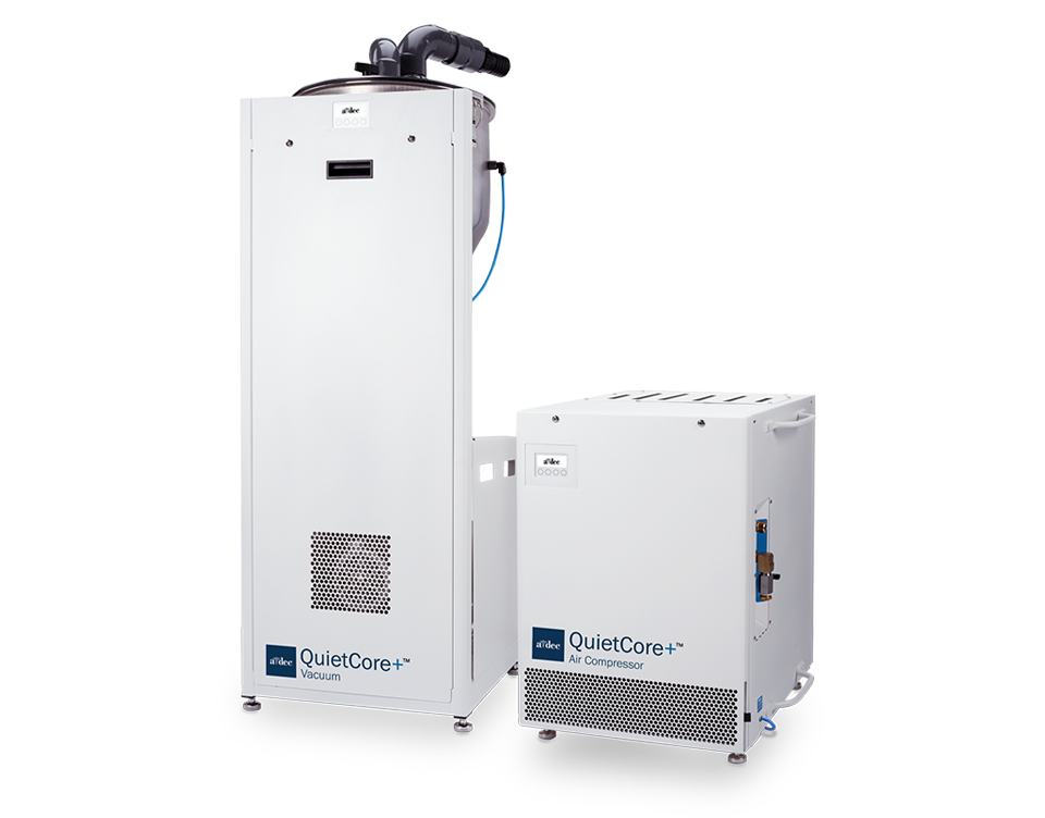 A-dec QuietCore+ dental air compressor and dental dry vacuum